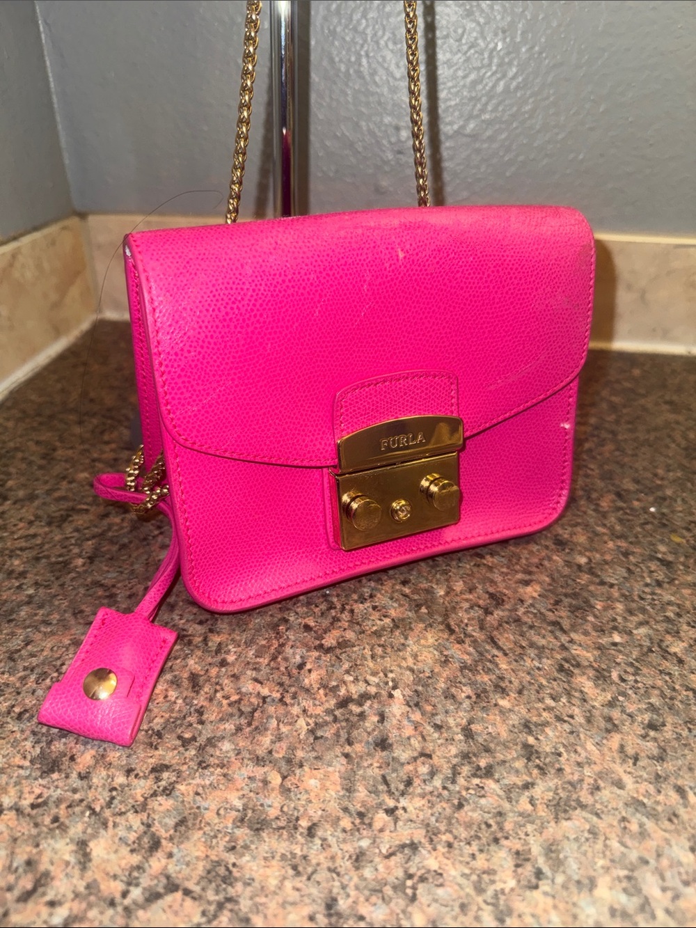 Furla barbie Hot Pink Leather Crossbody with functional lock EUC
